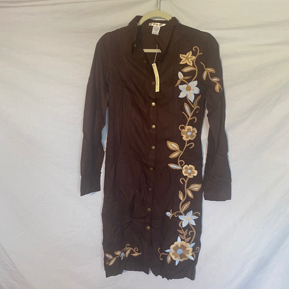 Runway 101 Vintage‎ Brown Cotton Floral Embroidered Shirt Dress Small